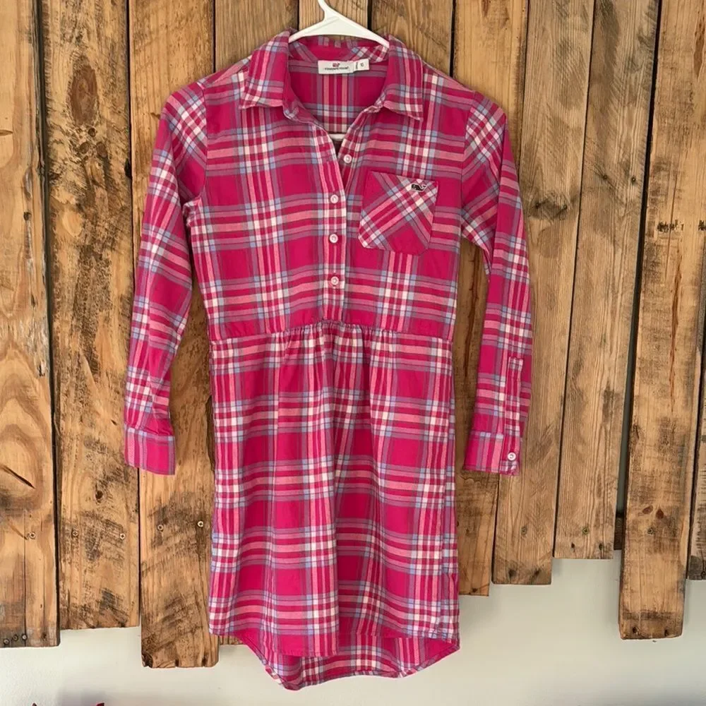 Vineyard Vines Flannel Shirt Dress Girls‎ Size 10 Pink Plaid Button Front Preppy